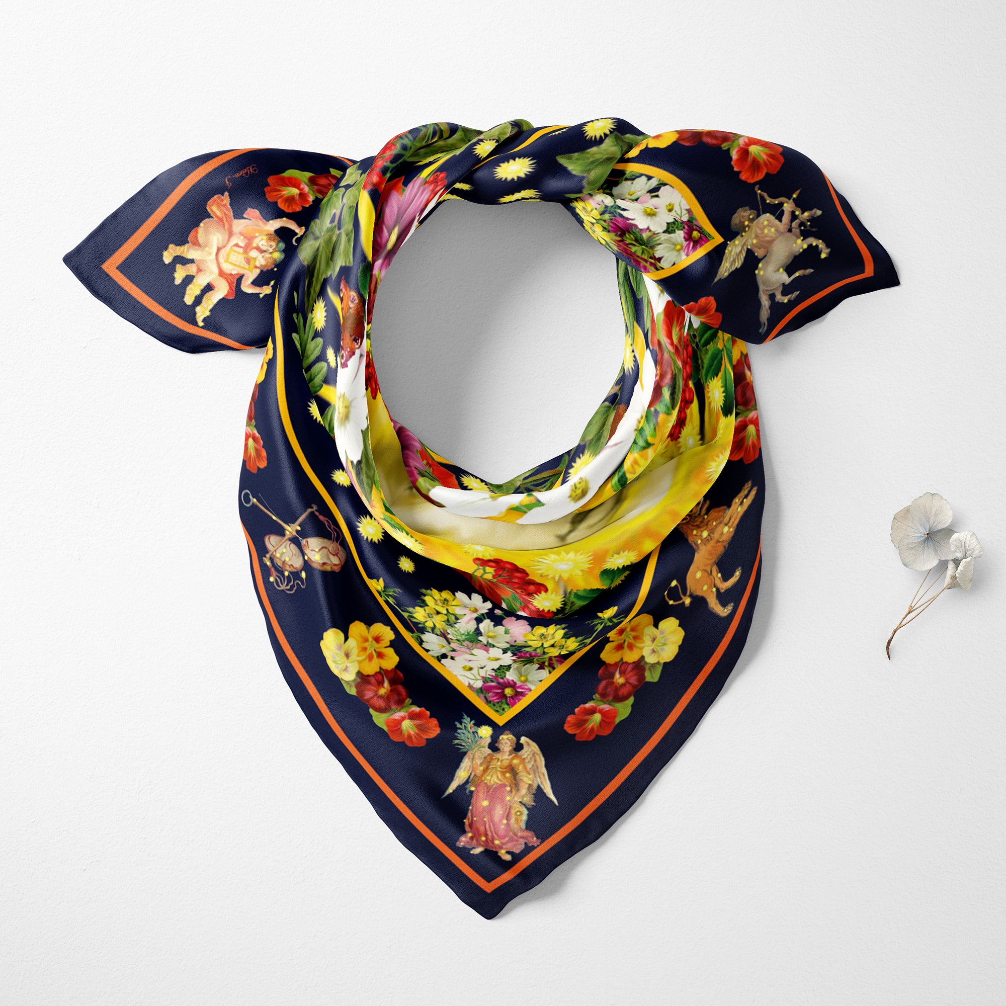 Introducing the Exquisite Astrology: The Sun God Organic Silk Twill Scarf – a luxurious accessory with rich yellow tones, bursts of vibrant colours, and symbolic Zodiac designs.