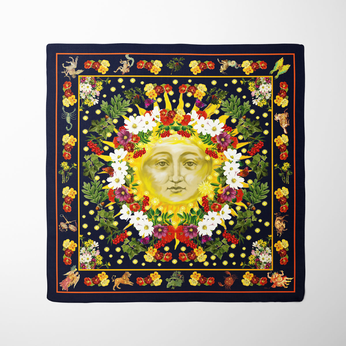 Introducing the Exquisite Astrology: The Sun God Organic Silk Twill Scarf – a luxurious accessory with rich yellow tones, bursts of vibrant colours, and symbolic Zodiac designs.