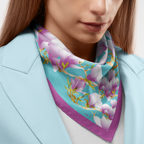 Blossom Magnolia Silk Twill Scarf | Silktopia