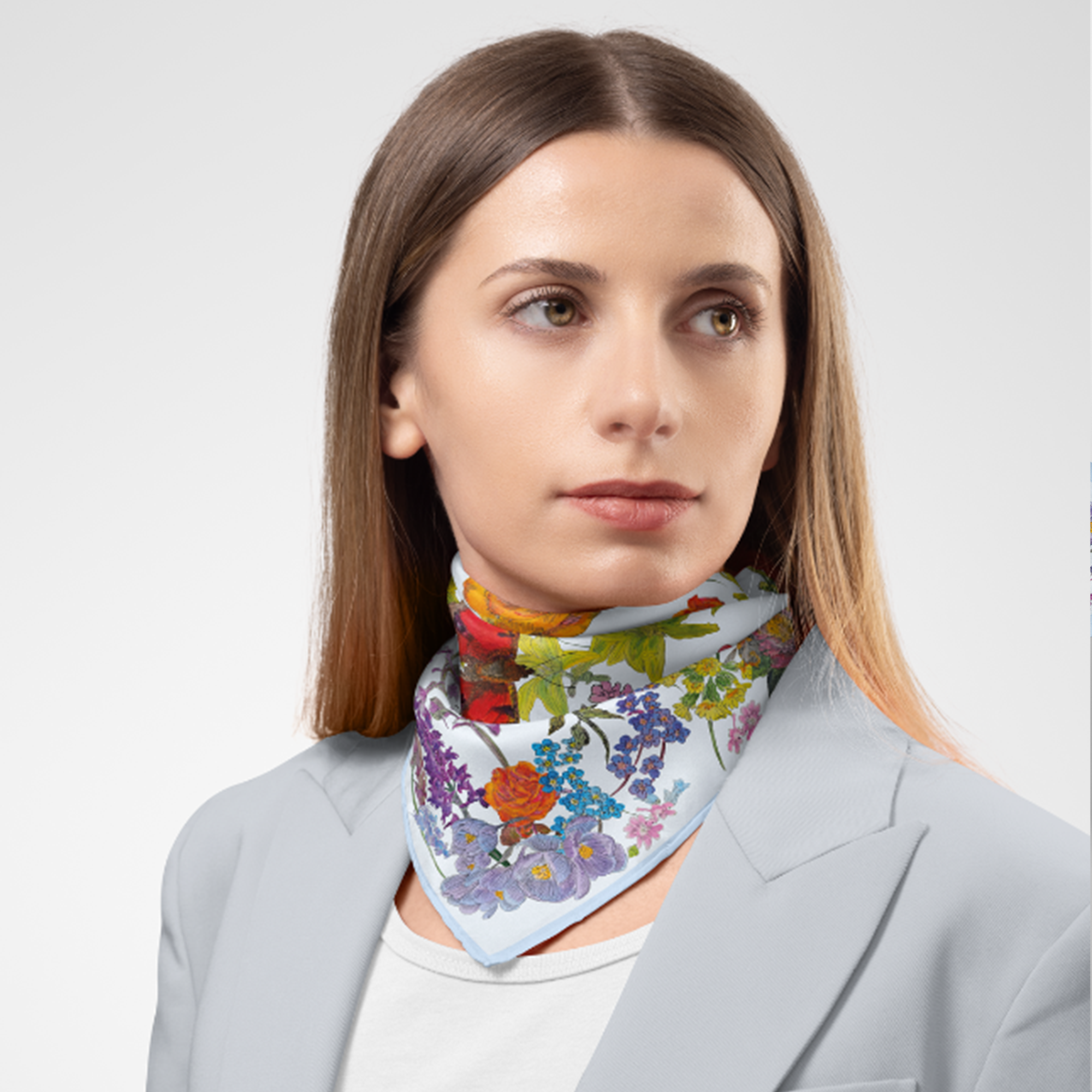 Model is wearing Peak Flora Organic Silk Scarf