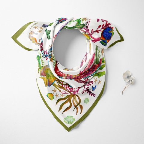 Hand-painted Tropical Seas Organic Silk Twill Scarf featuring sea plants, exotic fishes, and a Nautilus shell